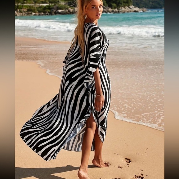 Zebra Print Swimsuit Coverup Kimono Dress - Picture 1 of 3